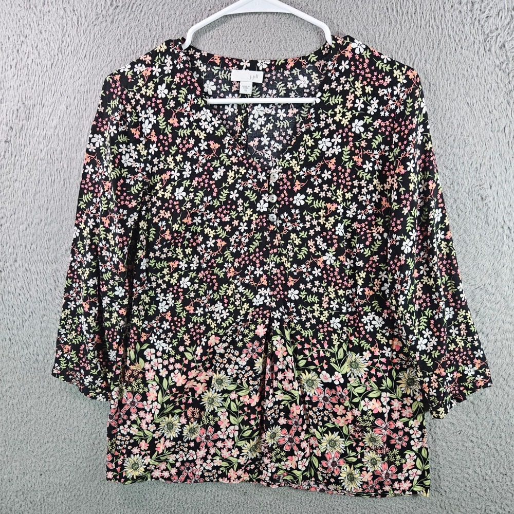 J Jill Black Floral 3/4‎ Sleeve V Neck Button Front Blouse Top Women's XS